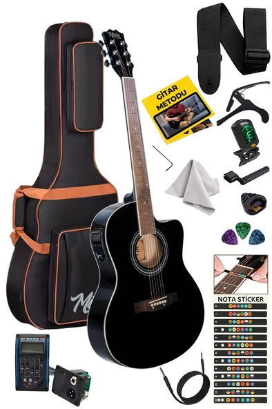 Midex XC-300XBK-EQ Profesyonel Siyah Elektro Akustik Gitar 4/4 Yetişkin Üst Segment (Kahve Gigbag Çanta Tuner Capo Askı Jak Kablo Pena)