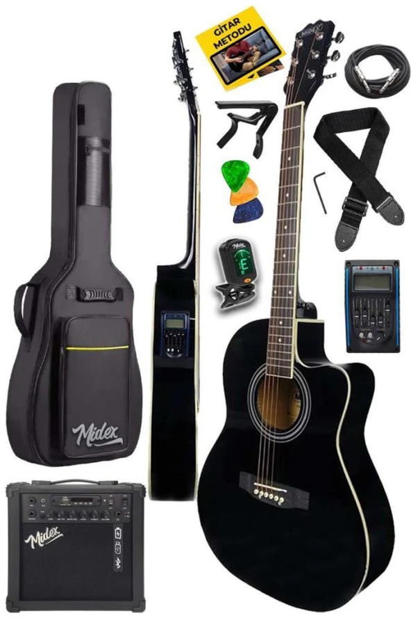 Midex GRX-50EQ-25AMP Kesik Kasa Siyah Elektro Akustik Gitar 25 WATT Amfili Full Set 4/4