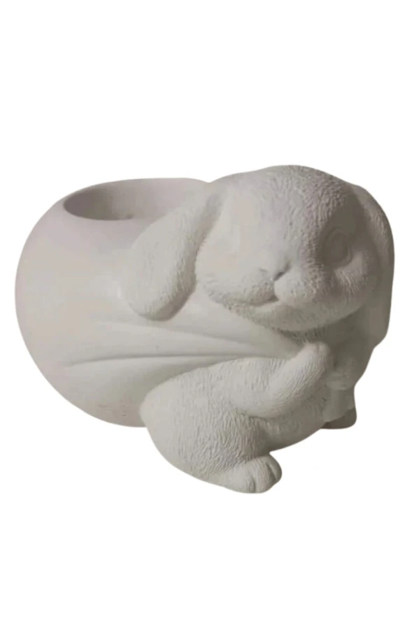 Dekoratif Tavşanlı Masa Üstü Kalemlik, Sukulent Saksı, Düzenleyici Obje Ham Renk Beyaz
