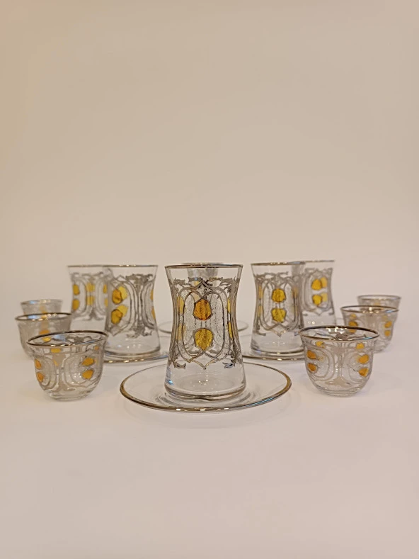 Gümüş Yaldızlı Exclusive Lüks Çay Seti 18 Parça Pax Model Platin Renkli