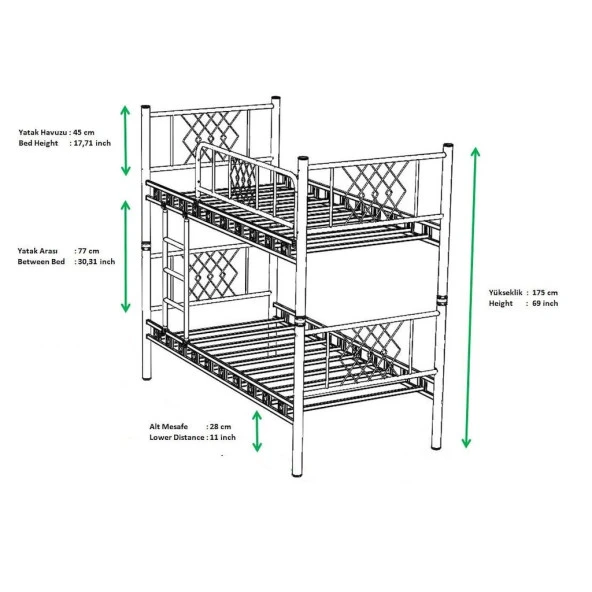 Metis 90x190 ve 90x200 Yatak Ölçülü Genç Çocuk Odası Metal Ranza - 3