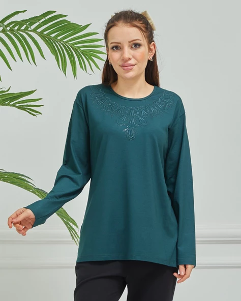 Kadın İşlemeli Anne Günlük Orta Yaş Penye Bluz - 7