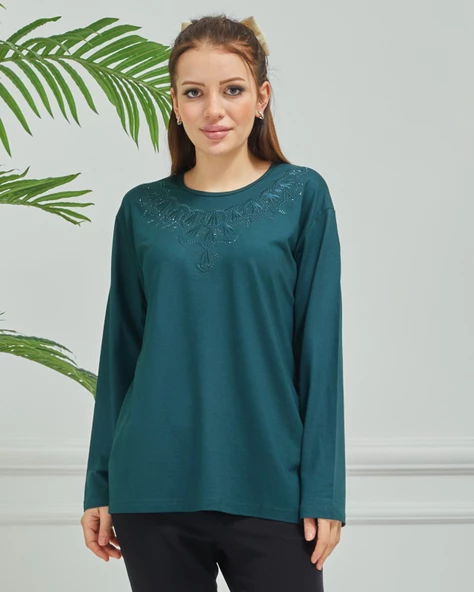 Kadın İşlemeli Anne Günlük Orta Yaş Penye Bluz - 2