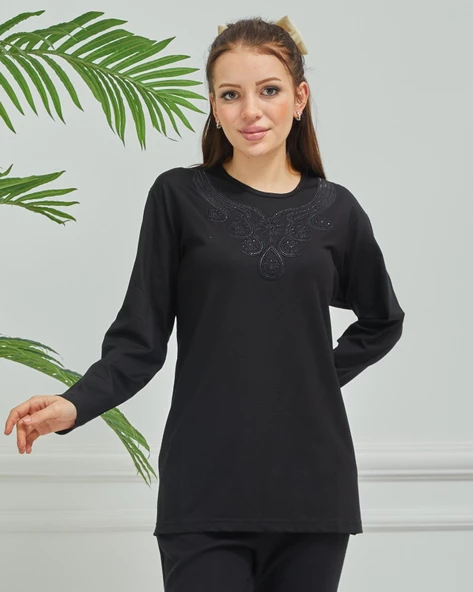 Kadın İşlemeli Anne Günlük Orta Yaş Penye Bluz - 11