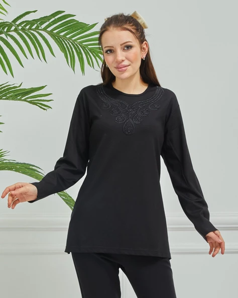 Kadın İşlemeli Anne Günlük Orta Yaş Penye Bluz - 10