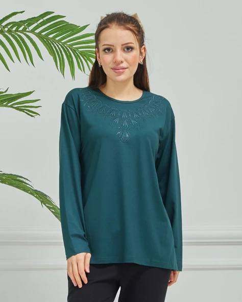 Kadın İşlemeli Anne Günlük Orta Yaş Penye Bluz - 8