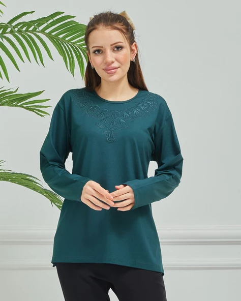 Kadın İşlemeli Anne Günlük Orta Yaş Penye Bluz - 5