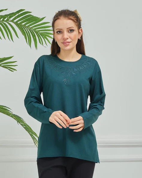 Kadın İşlemeli Anne Günlük Orta Yaş Penye Bluz - 6