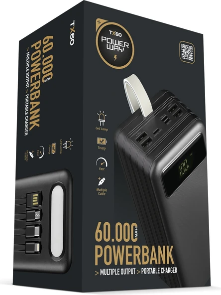 60.000 Mah Kablolu Dijital Göstergeli Gerçek 60.000 Mah Garantili Işıklı Kamp TX60 Siyah Powerbank