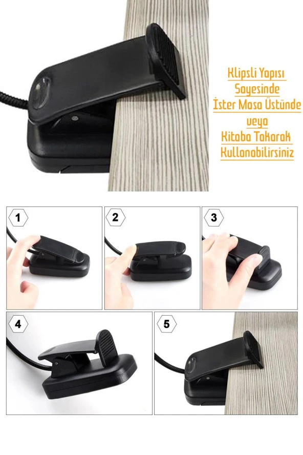 Ledli Klipsli Mini Kitap Okuma Lambası Mandallı Pille Çalışan Işık Masa Lambası Kitap Okuma Işığı - 3