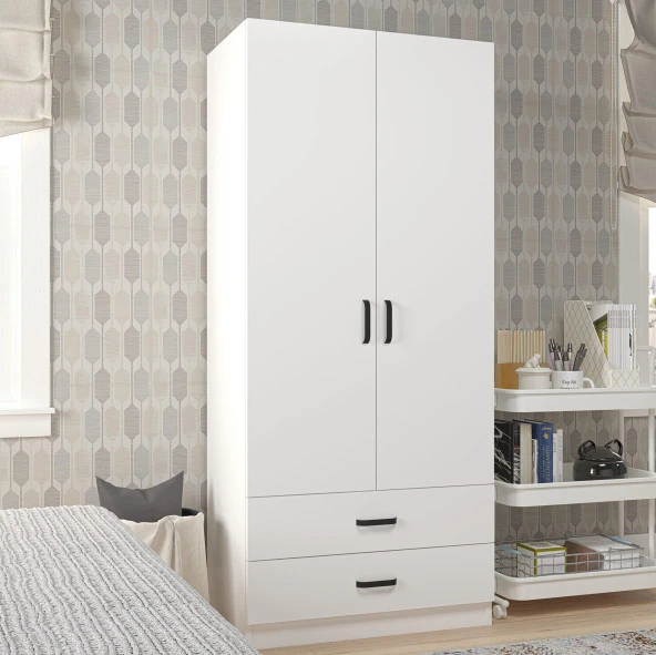 Midoser Yaman 80 Cm Mat Beyaz 2 Kapaklı 2 Çekmeceli Elbise Dolabı - Gardırop - 3