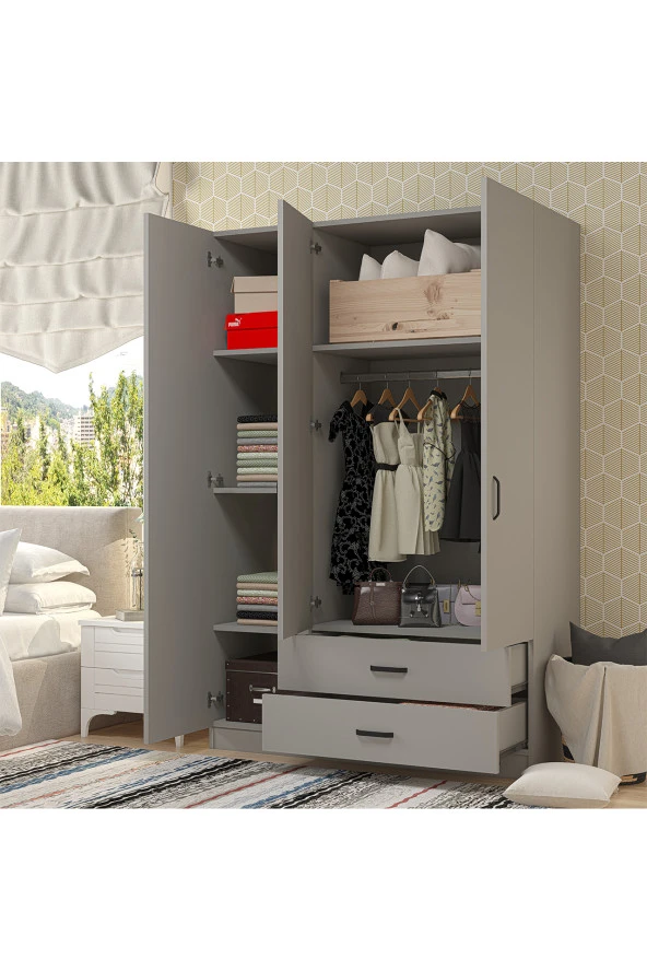 Midoser YAMAN Luna 3 Kapılı 2 Çekmeceli Elbise Dolabı-Gardrop