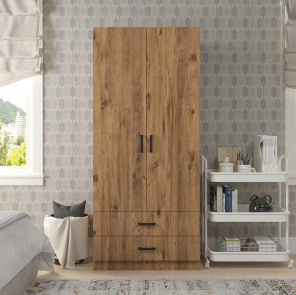 Midoser Yaman 80 Cm Atlantik Çam 2 Kapaklı 2 Çekmeceli Elbise Dolabı - Gardırop - 2