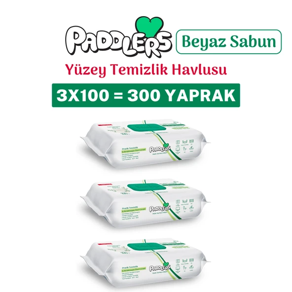 Paddlers Easy Clean Beyaz Sabun Katkılı Yüzey Temizlik Havlusu 3x100 (300 Yaprak) ürün görseli 1