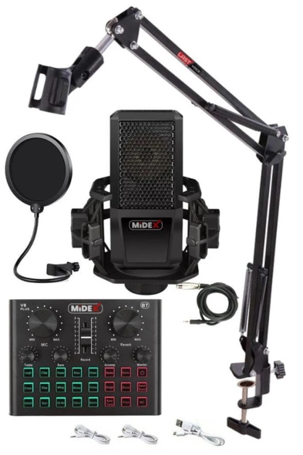 Midex MX-2020 Live Set Efektli Ses Kartı Mikrofon Stand Kayıt Canlı Yayın Seti (PC ve Telefon)