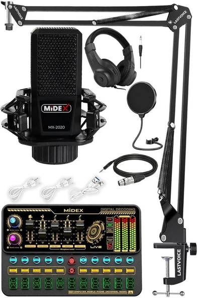 Midex MX-2020 Platinium Set Efektli Ses Kartı Mikrofon Stand Kayıt Canlı Yayın Seti (PC ve Telefon) ürün görseli 1