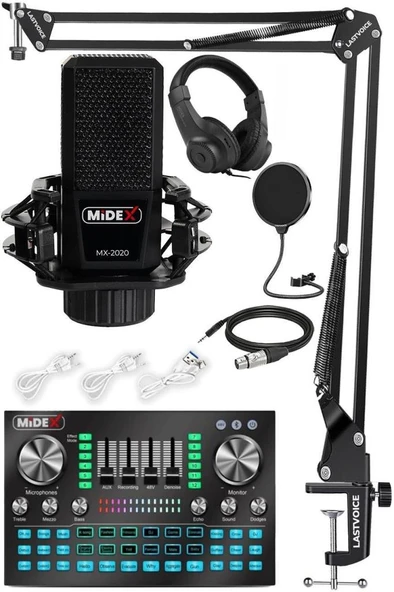 Midex MX-2020 Diamond Set Efektli Ses Kartı Mikrofon Kulaklık Stand Kayıt Canlı Yayın Seti (PC ve Telefon) ürün görseli