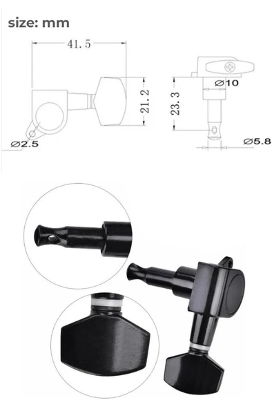 Midex AB1-BK Akustik Gitar Kaliteli Burgu Takımı Yedek Parça Siyah Renk - Resim 2