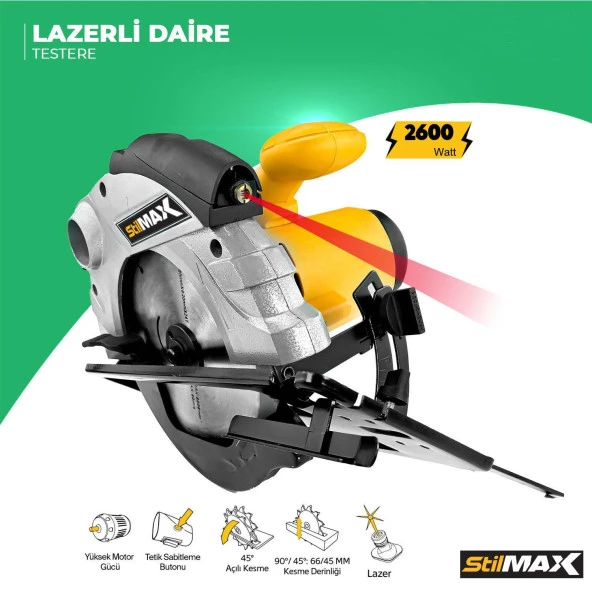 Stilmax Lazerli Daire Sunta Kesme Daire Testere Makinesi 2600W 45 Açılı Kesim  2 Yıl Garanti - 2