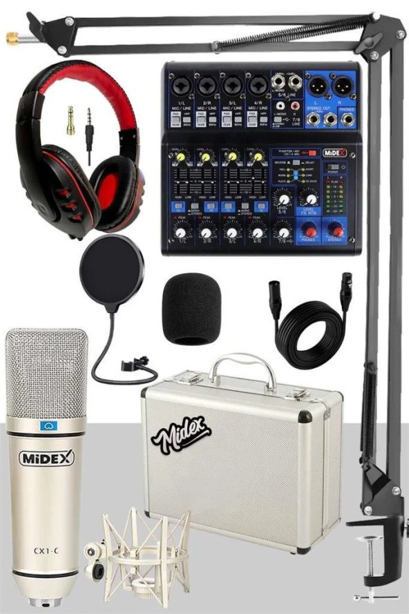 Midex Mix Paket-4 Stüdyo Youtuber Podcast Kayıt Ekipman Seti CX1 Mikrofon MDX-06FXU Mixer