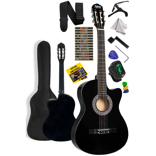 Midex CG-395BK Siyah Klasik Gitar 4/4 Sap Ayarlı Kesik Kasa Full Set (Çanta Askı Tuner Metod Pena)