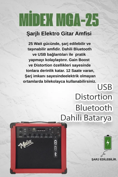 Midex MGA-25RDBT-HD ŞARJLI Elektro Gitar Amfisi 25 Watt USB Bluetooth Distortion Kulaklık ve Kablo - Resim 2