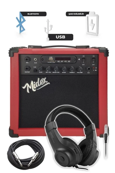 Midex MGA-25RD-HD ŞARJLI Elektro Gitar Amfisi 25 Watt USB Bluetooth Distortion Kulaklık ve Kablo - Resim 3