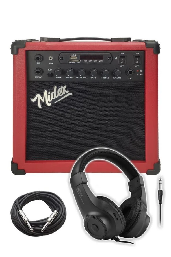 Midex MGA-25RDBT-HD ŞARJLI Elektro Gitar Amfisi 25 Watt USB Bluetooth Distortion Kulaklık ve Kablo