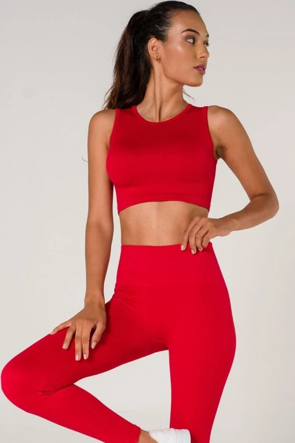 New Season Fitilli Crop Top Büstiyer Seamless Spor Sütyeni Kırmızı