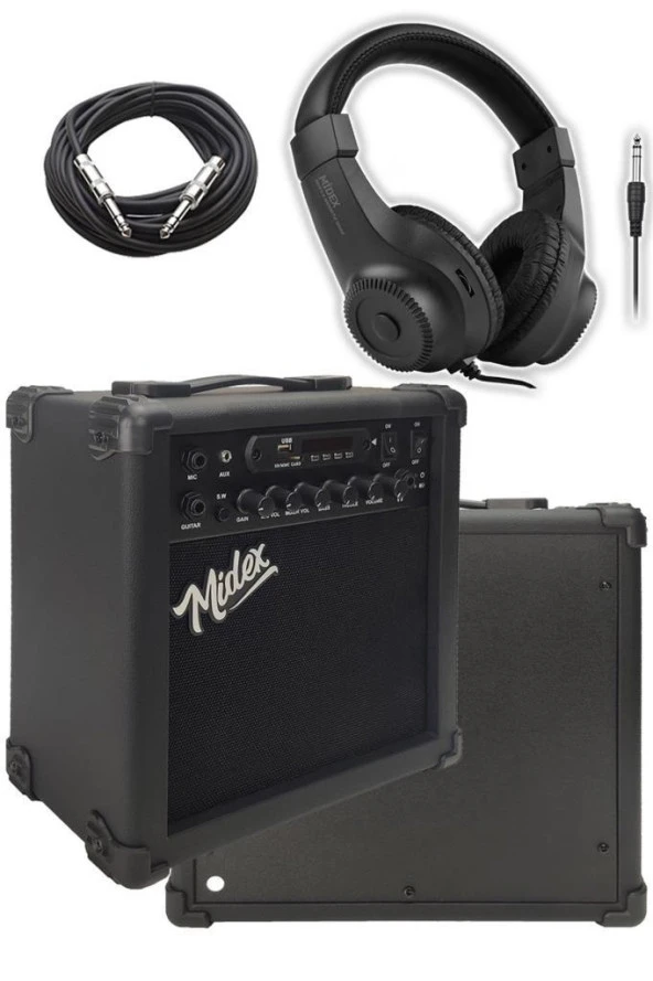 Midex MGA-25BKBT-HD ŞARJLI Elektro Gitar Amfisi 25 Watt USB Bluetooth Distortion Kulaklık ve Kablo