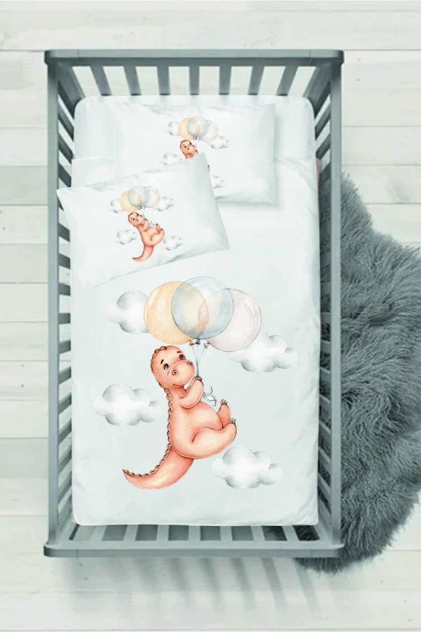 Ranforce Bebek Nevresim Seti (Nevresim+2 Yastık)- Uçan Dinozorcuk