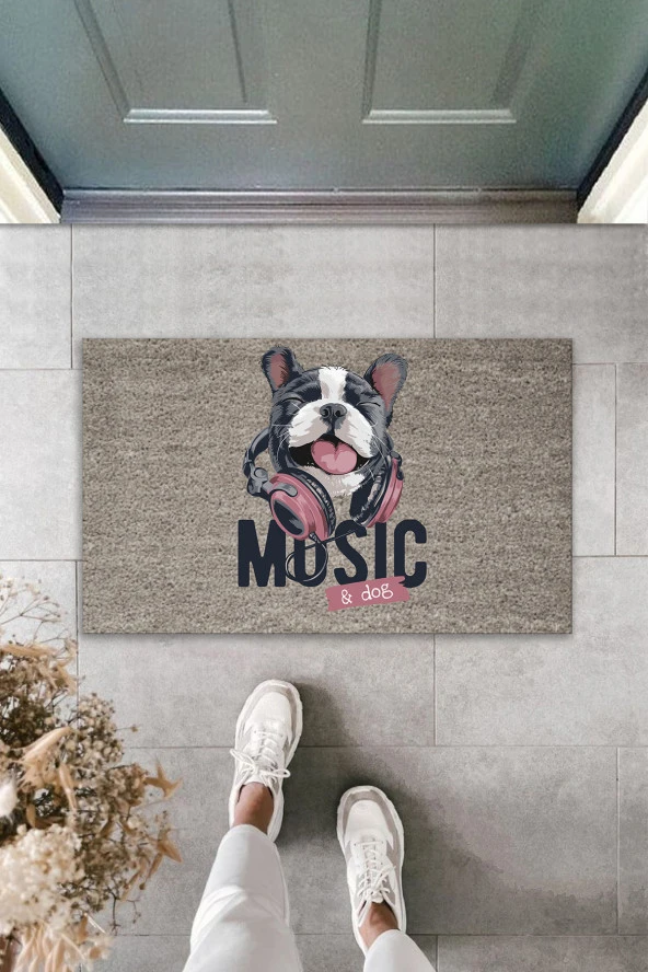 Dijital Baskı Kalitesi Gri Music Yazılı Kulaklıklı Köpek Dekoratif Kapı Paspası