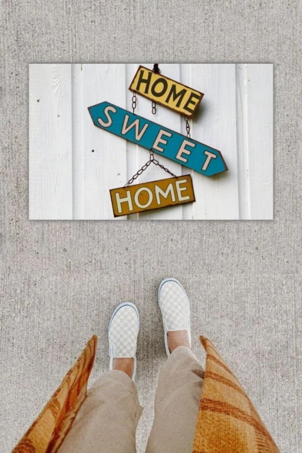 Dijital Baskı Dekoratif Home Sweet Home Beyaz Kapı Önü Paspası