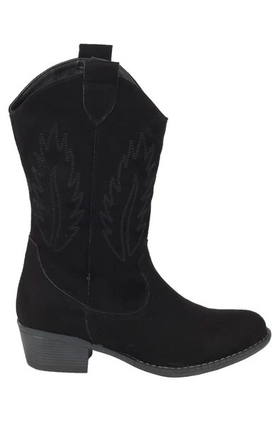 Nakışlı Siyah Süet Kovboy Kadın Bot - Nana - 2