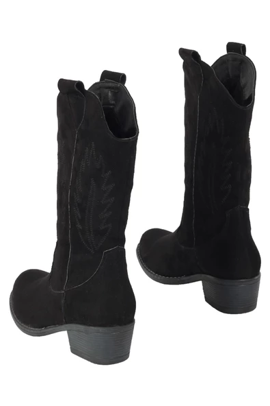 Nakışlı Siyah Süet Kovboy Kadın Bot - Nana - 3