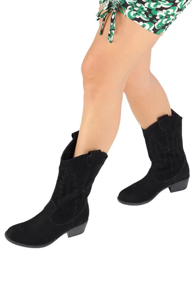 Nakışlı Siyah Süet Kovboy Kadın Bot - Nana