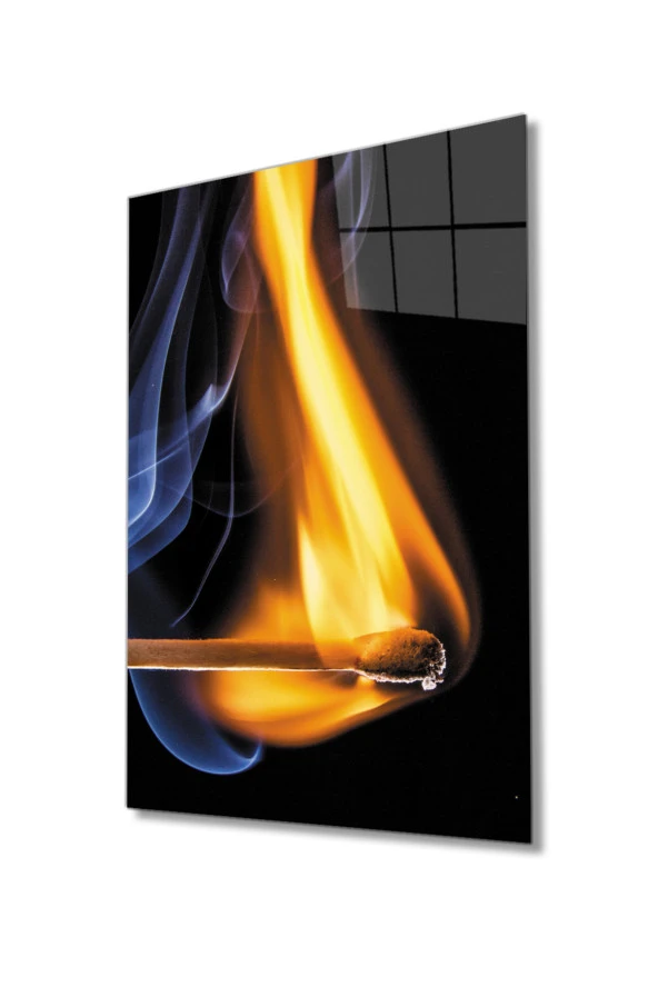 Modern Tablo Sarı Mavi Ateş Yanan Kibrit Cam Tablo 90x60 Renkli - 1