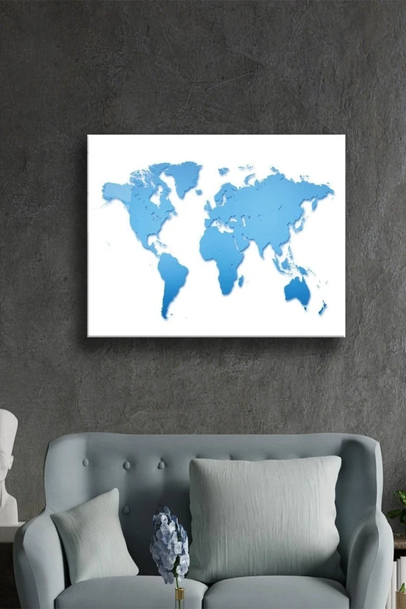 Modern Tablo Mavi Ve Beyaz Dünya Haritası 72x46 Renkli