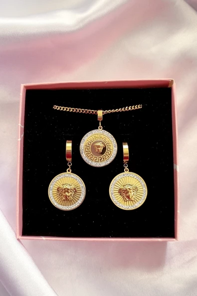 GOLD Versace Medusa Model Set Çelik Zirkon Taşlı Madalyon Kolye Küpe Set