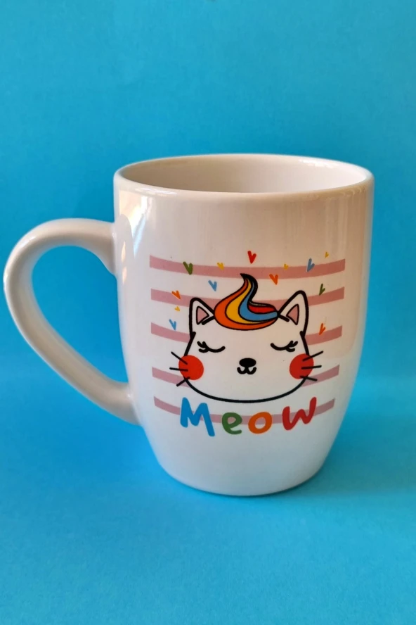 Meow Sevimli Kedi Baskılı Kupa Beyaz