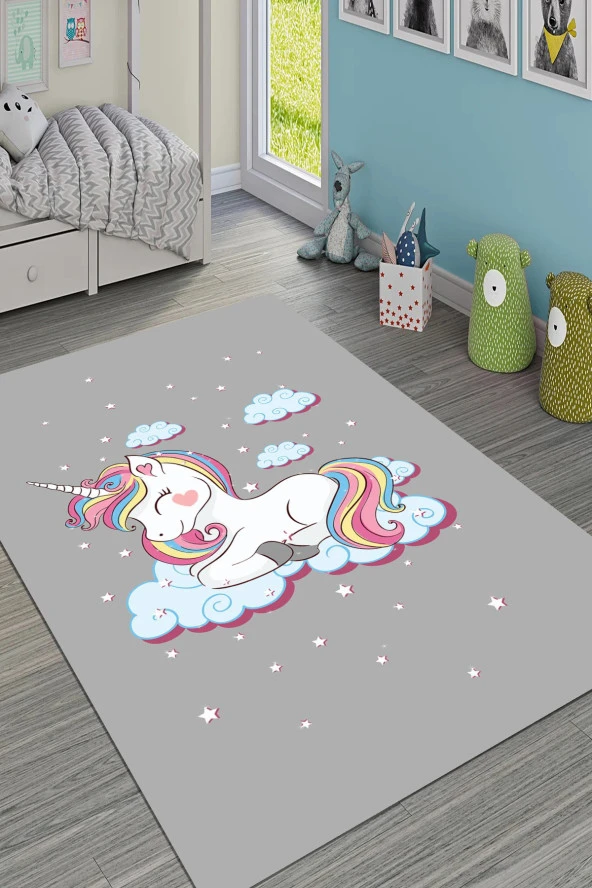 Kreatif Halı Unicorn Desenli Dekoratif Yıkanabilir Kilim Çocuk Halısı Kadife Kumaş Dot Taban Halı