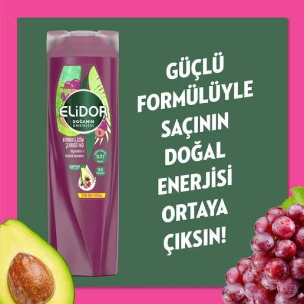 Elidor Doğanın Enerjisi Saç Bakım Şampuanı Avokado ve Üzüm Çekirdeği Yağı Güçlendirici & Parlaklık Kazandırıcı 400 ml - 2