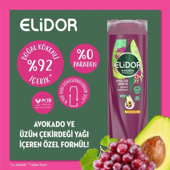 Elidor Doğanın Enerjisi Saç Bakım Şampuanı Avokado ve Üzüm Çekirdeği Yağı Güçlendirici & Parlaklık Kazandırıcı 400 ml - 3