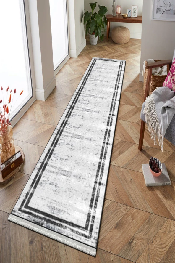 Roslyn Home Kırık Beyaz Eskitme Desen Kaymaz Antre Halısı Kadife Kumaş Dokuma Taban Yolluk Kilim