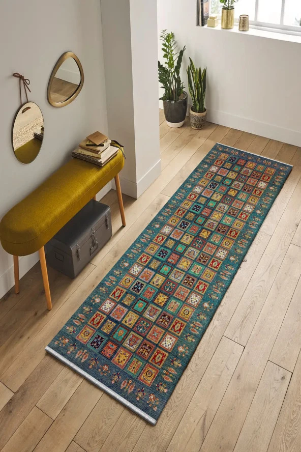 Roslyn Home Dekoratif Vintage Kilim Özel Üretim Yolluk Kadife Kumaş Dokuma Taban Uzun Hol Halısı