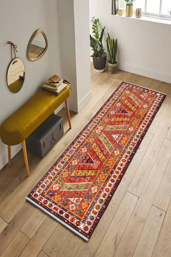 Roslyn Home Etnik Desenli Yıkanabilir Kaymaz Taban Halı Kadife Kumaş Dokuma Taban Yolluk Kilim