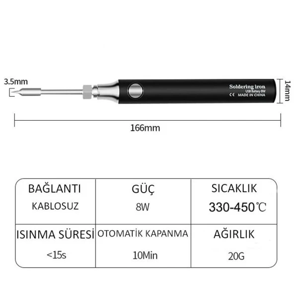 Valkyrie Şarjlı Kablosuz Lehim Makinası - 5 Saniyede Isınma - 30 Dakika Kullanım - USB Type-C Şarj - 3 Farklı Isı Modu - 450 Derece - 3