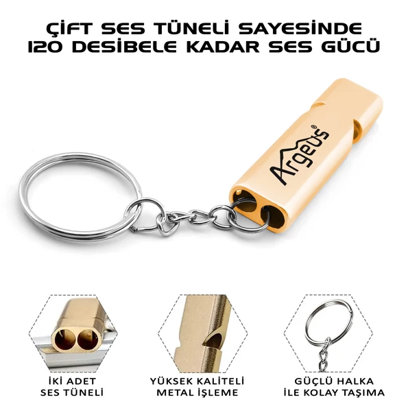 Argeus Anahtarlıklı Alüminyum Acil Durum Düdüğü Gold - 2