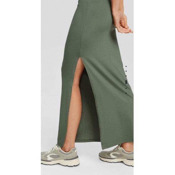 Bershka Yırtmaçlı Uzun Etek - Haki - 2