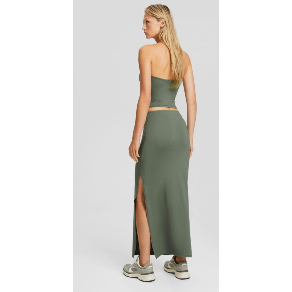 Bershka Yırtmaçlı Uzun Etek - Haki - 3